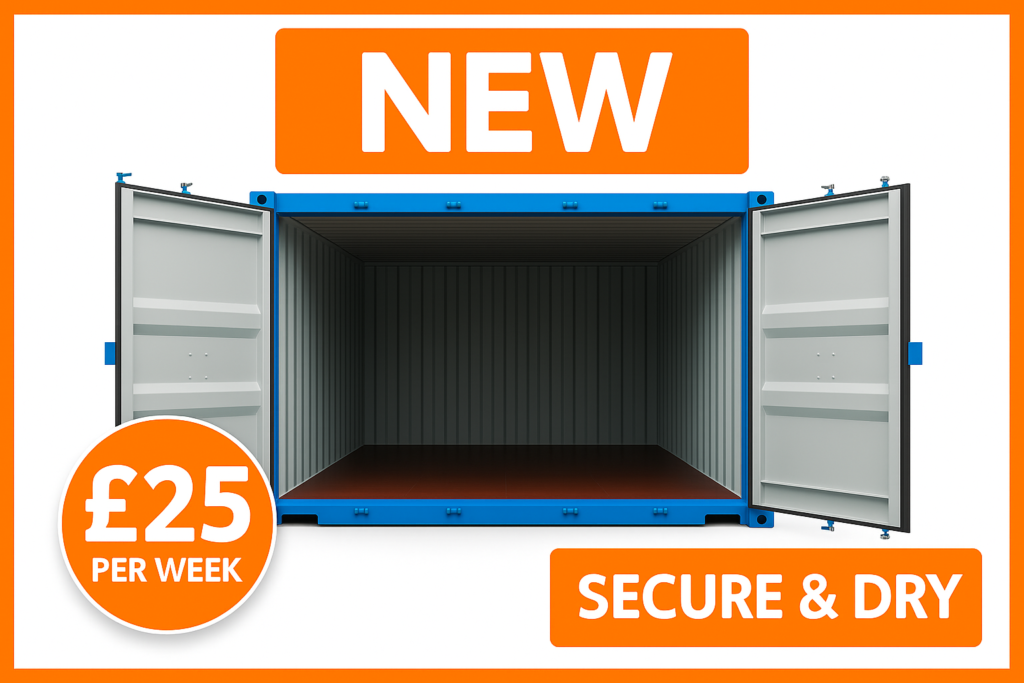 A Boxxs self-storage container with promotional overlays reading “New”, “£25 per week”, and “Secure & Dry”