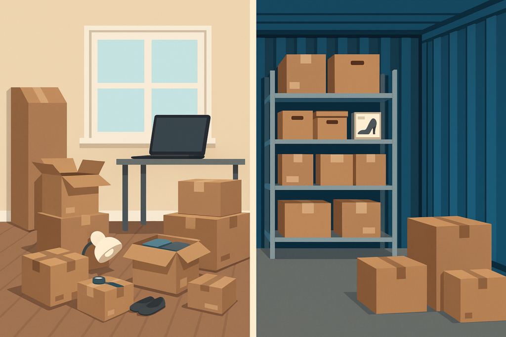 A split image showing an e-commerce business running from a cluttered home space and a clean Boxxs Self Storage container