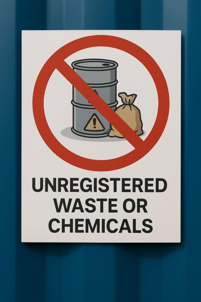 A warning sign reading “No Hazardous Waste” mounted outside a Boxxs storage facility in daylight