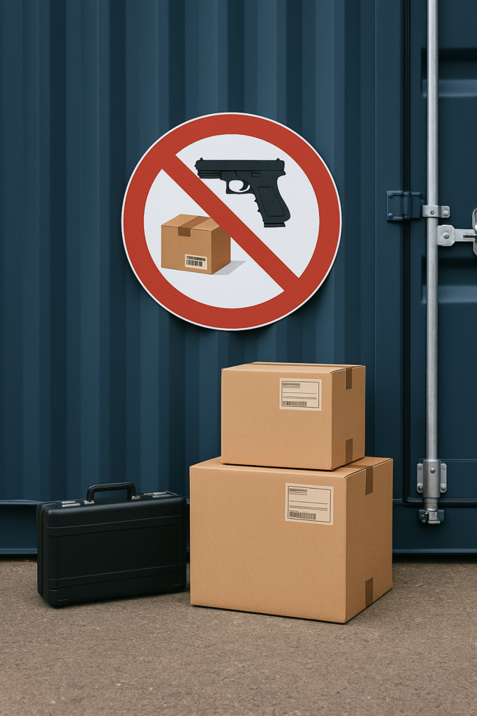 A suspicious duffel bag and unmarked box outside a secure Boxxs container, with a red warning symbol indicating illegal goods are not allowed