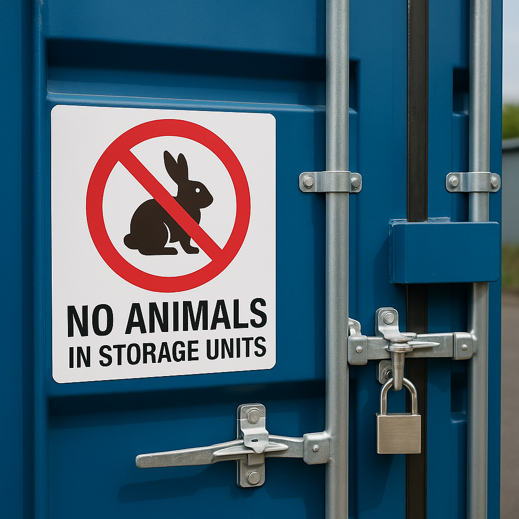 a sign on a storage unit with a ‘no animals’ warning sign