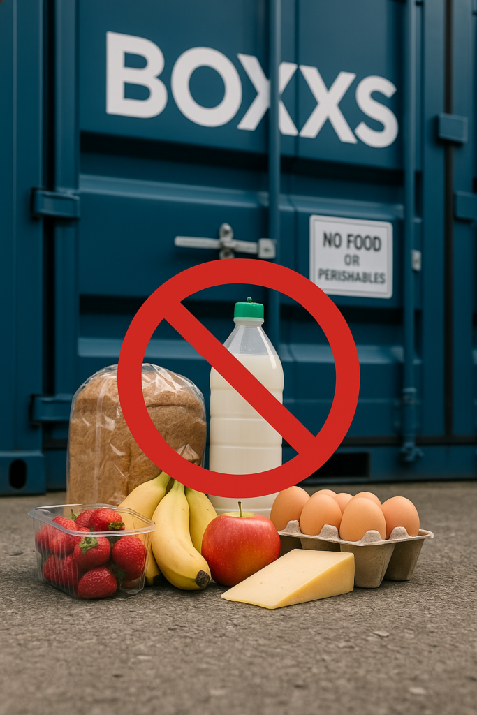 A variety of perishable food items including fruit, dairy, and meats representing what cannot be stored in Boxxs containers.