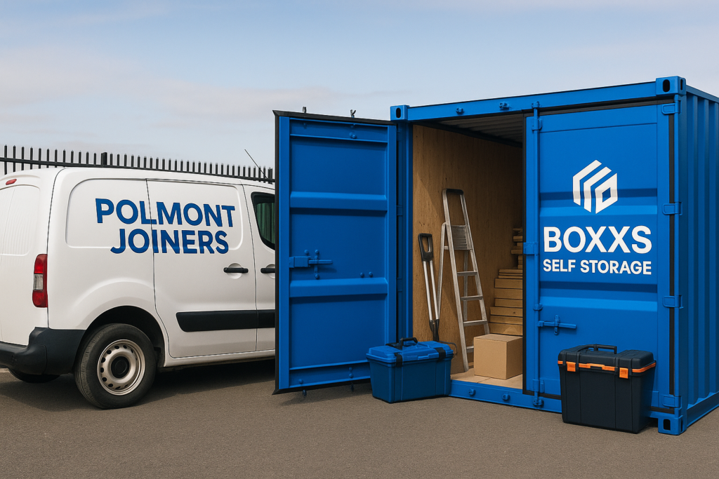A tradesperson loading tools into a Boxxs Self Storage container near Polmont