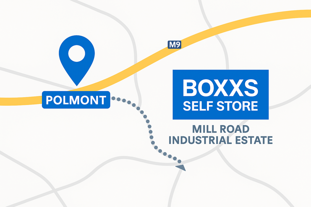 A map highlighting the quick and direct route from Polmont to Boxxs Self Storage in Linlithgow