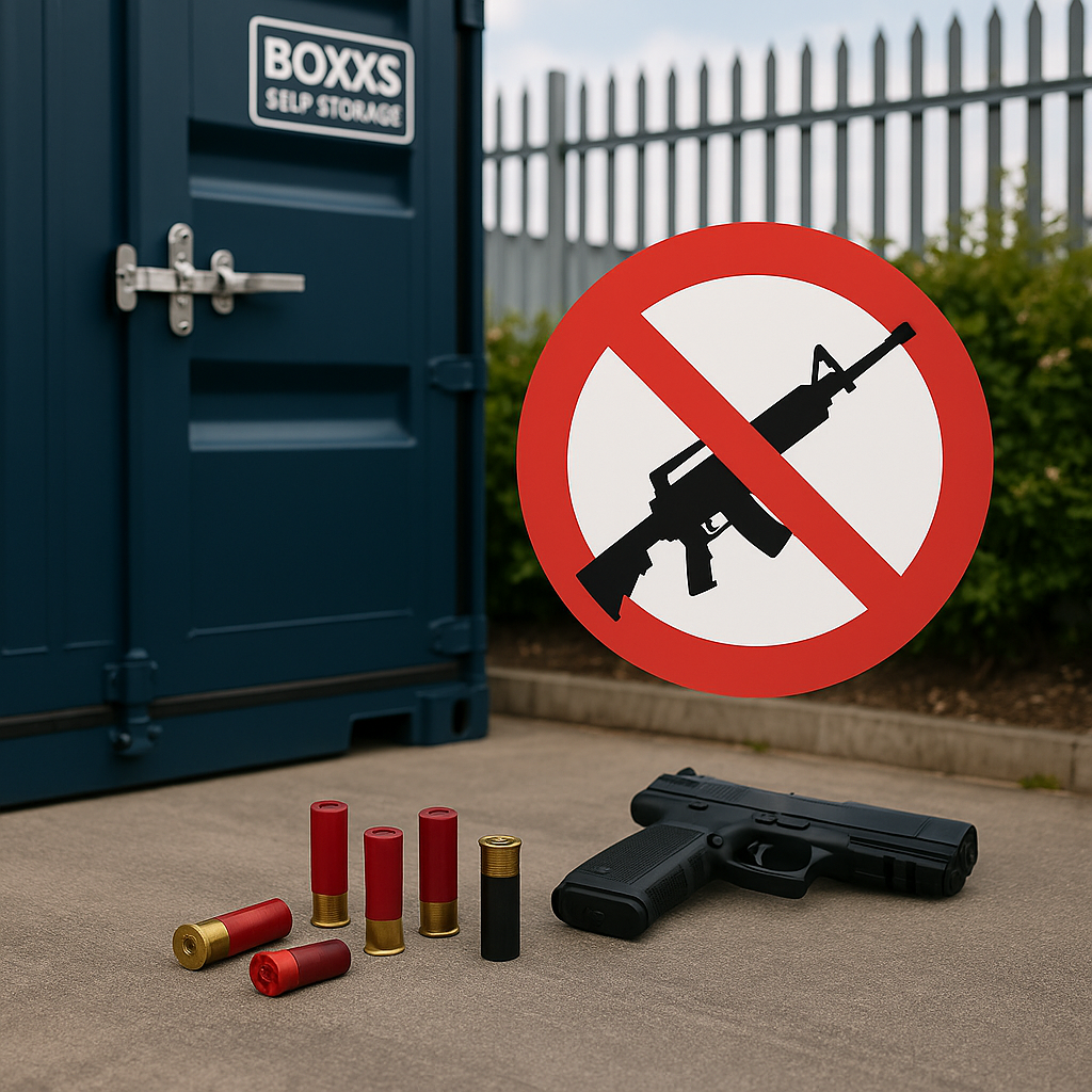 A closed navy duffel bag with a visible firearm warning icon placed outside a Boxxs container, reinforcing storage restrictions