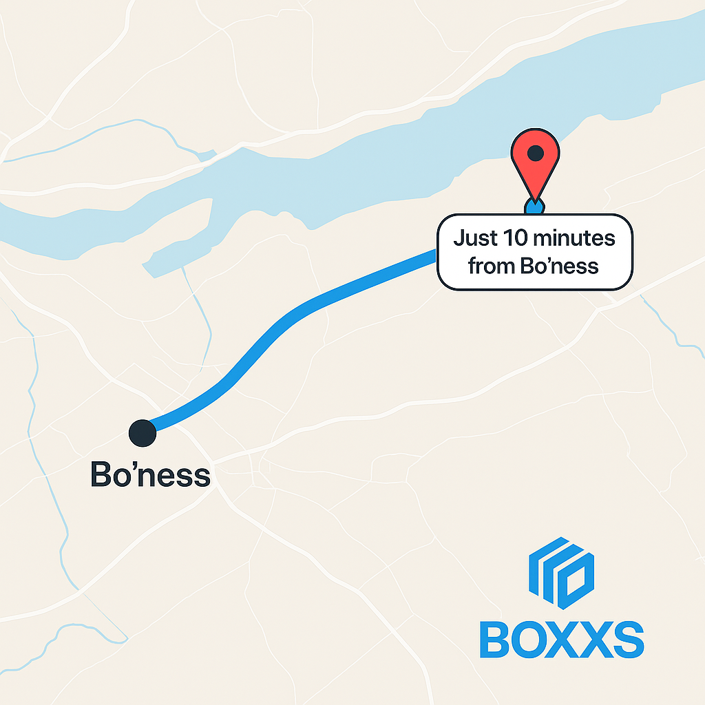 A map showing the close proximity between Bo’ness and Boxxs Self Storage in Linlithgow
