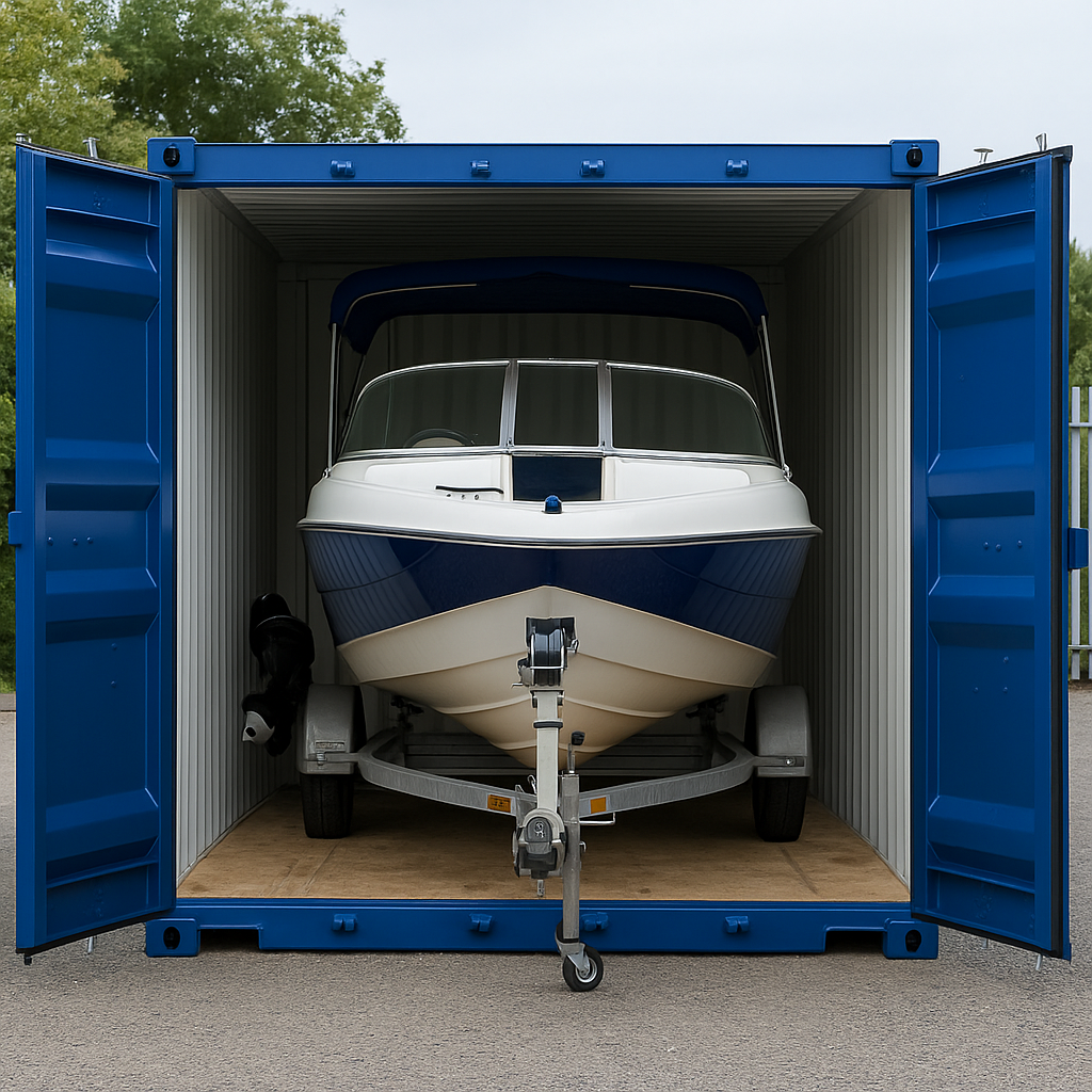 A boat on a trailer stored inside a Boxxs container at Mill Road Industrial Estate Image title: boat on trailer storage boxxs linlithgow