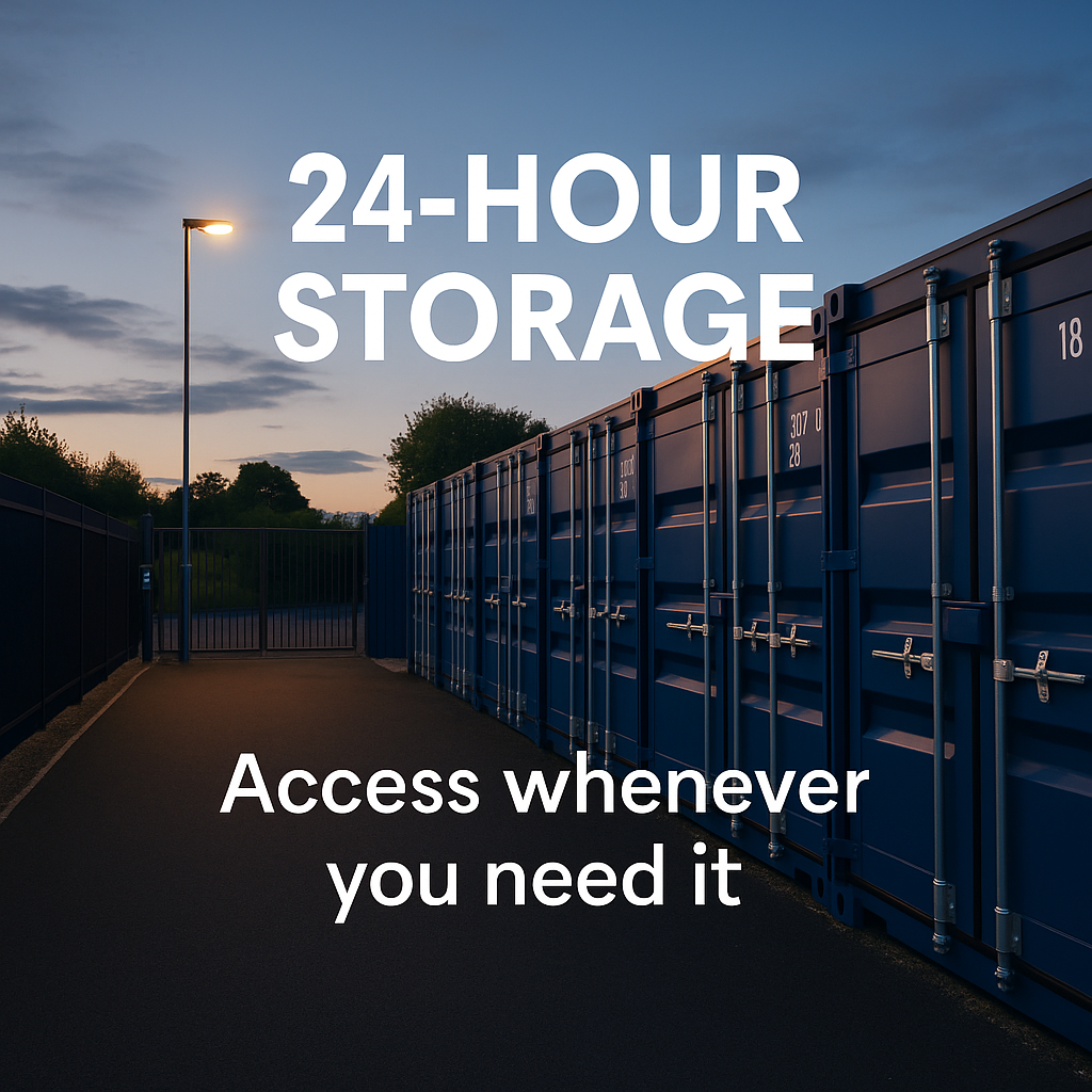 A customer entering a secure self-storage site at dusk, accessing their BOXXS container using a PIN code at the gate