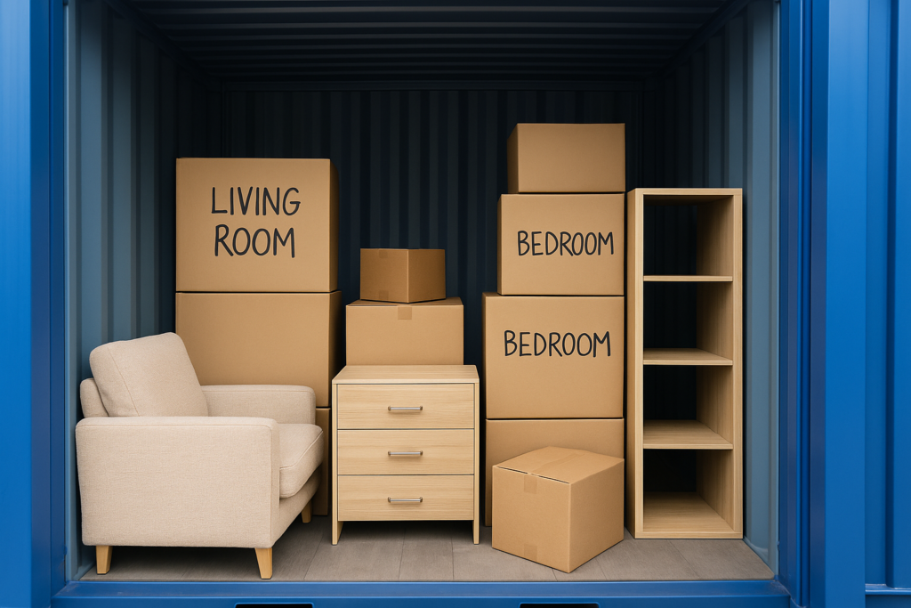 A blue Boxxs container being loaded with furniture and moving boxes during a house move in West Lothian