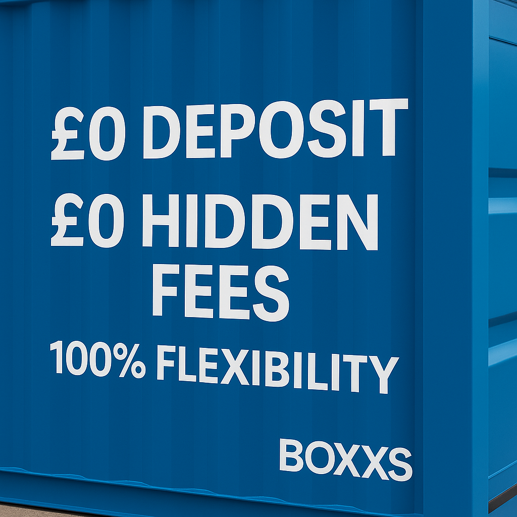 A Boxxs container with £0 deposit, £0 hidden fees, and 100 percent flexibility written on the side