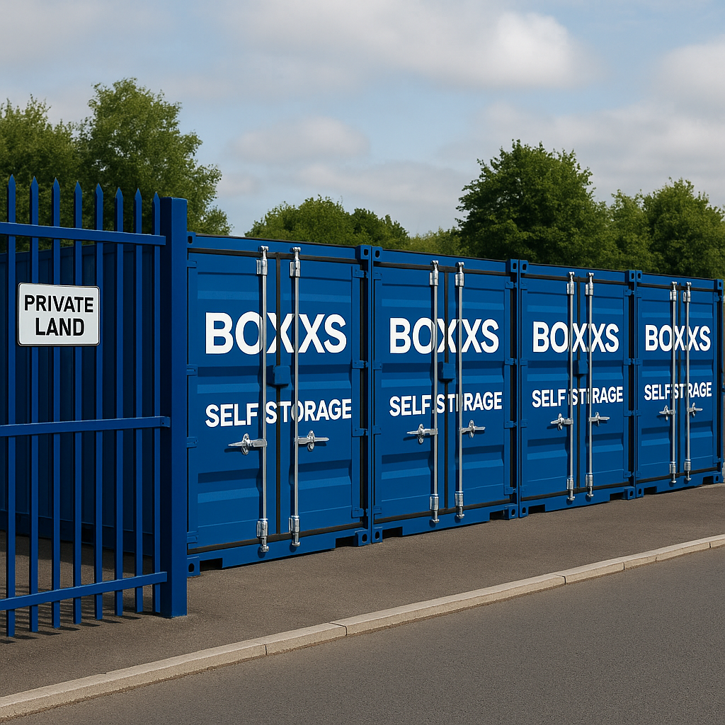 Four Boxxs-branded storage containers in a secure row with drive-up access at Mill Road Industrial Estate