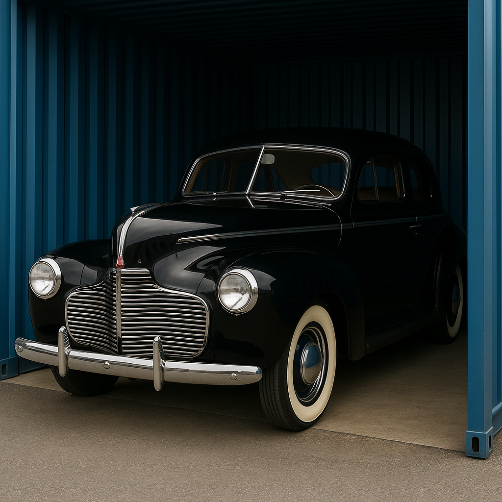 A classic car parked inside a secure Boxxs Self Storage container in Linlithgow Scotland