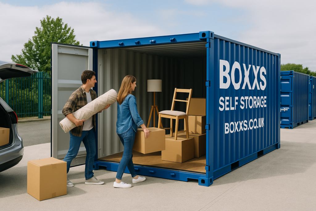 A couple loading household furniture and boxes into a blue Boxxs self storage container during a house move