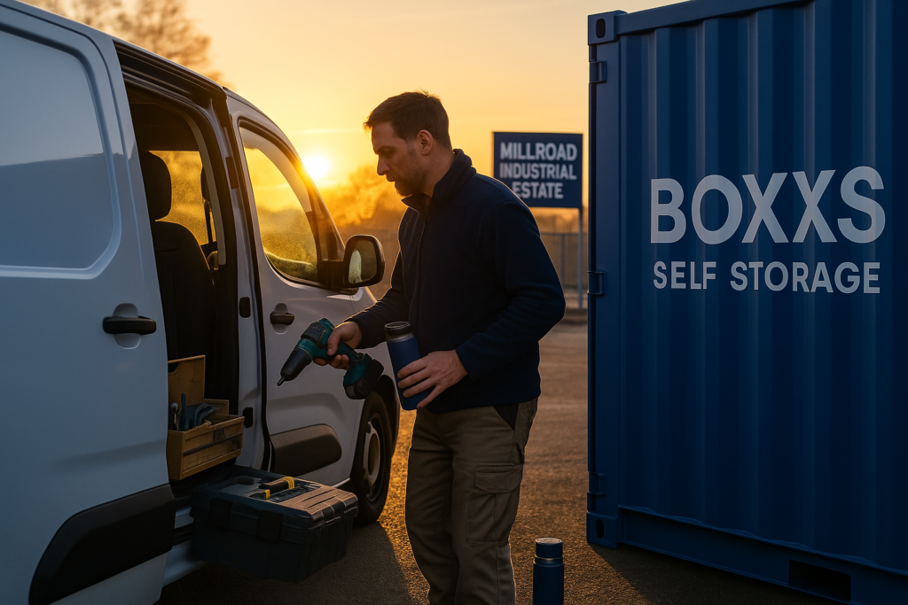 A tradesperson loading tools into a van beside a blue BOXXS container at sunrise in Mill Road Industrial Estate