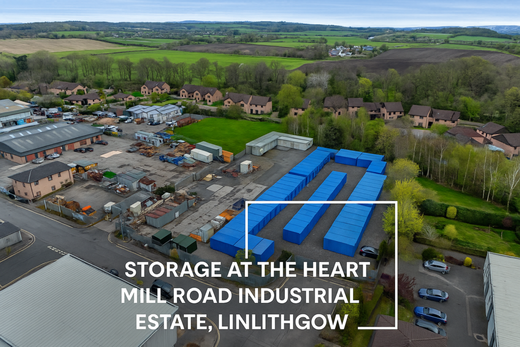 A wide view of Mill Road Industrial Estate with Boxxs Self Storage containers visible on site
