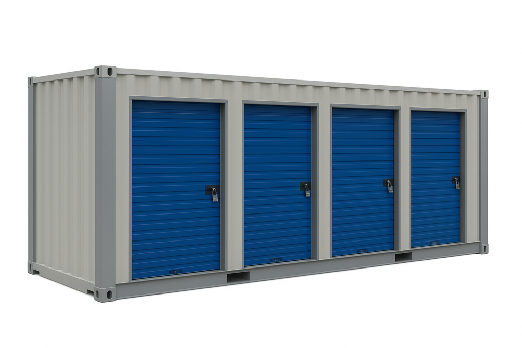 A bank of four Boxxs Mini Boxx modular storage units with individual roll-up doors at Mill Road Industrial Estate in Linlithgow