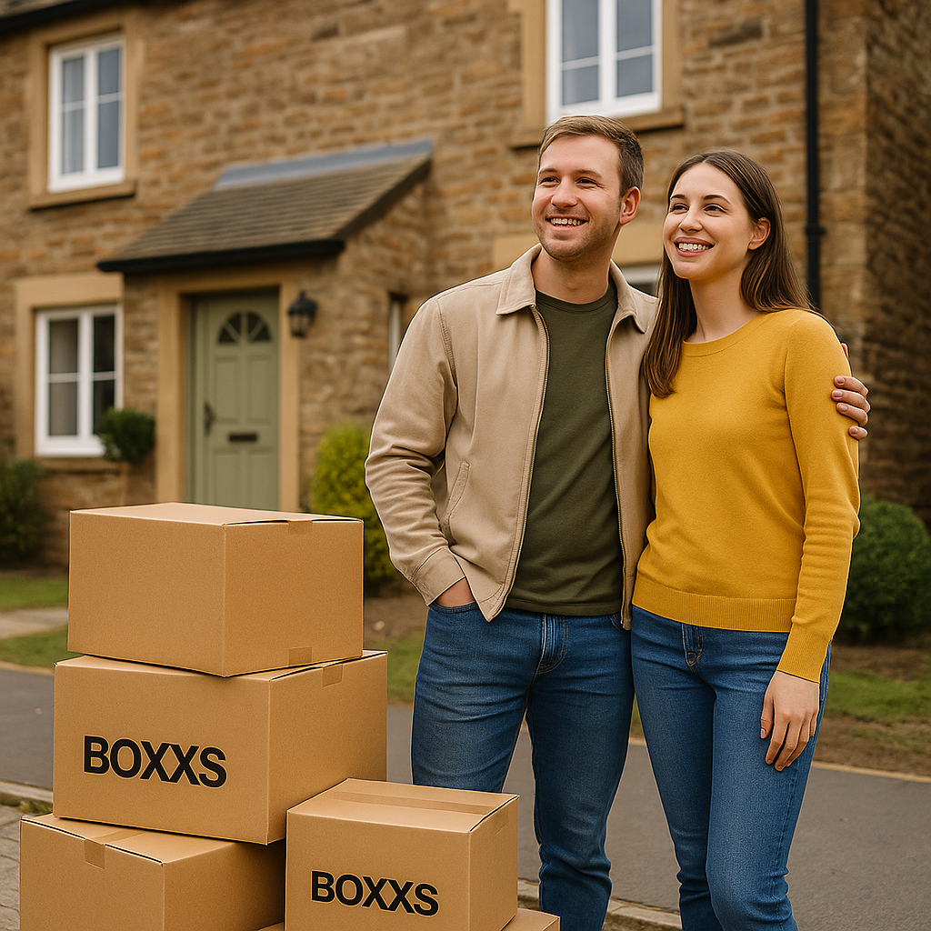 A couple standing beside moving boxes outside their new home in Linlithgow Image title: couple moving house linlithgow boxxs