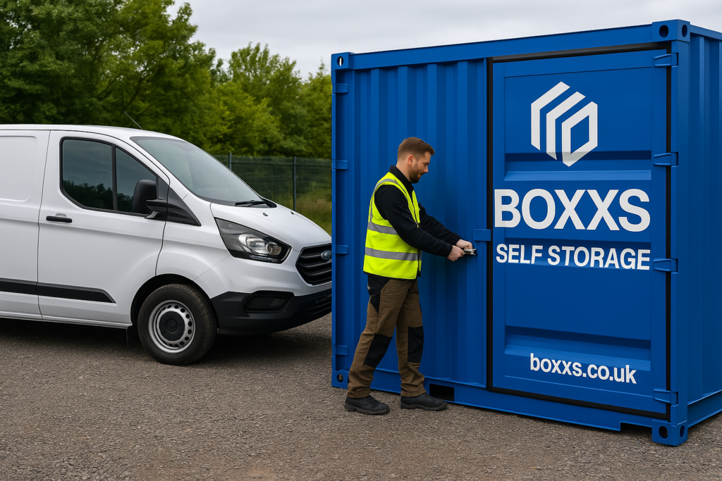 Self Storage: A tradesperson’s van parked outside a Boxxs Self Storage container used for storing tools and materials