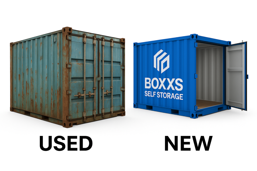 A blue 10-foot Boxxs container beside a typical second-hand container, highlighting the difference in quality