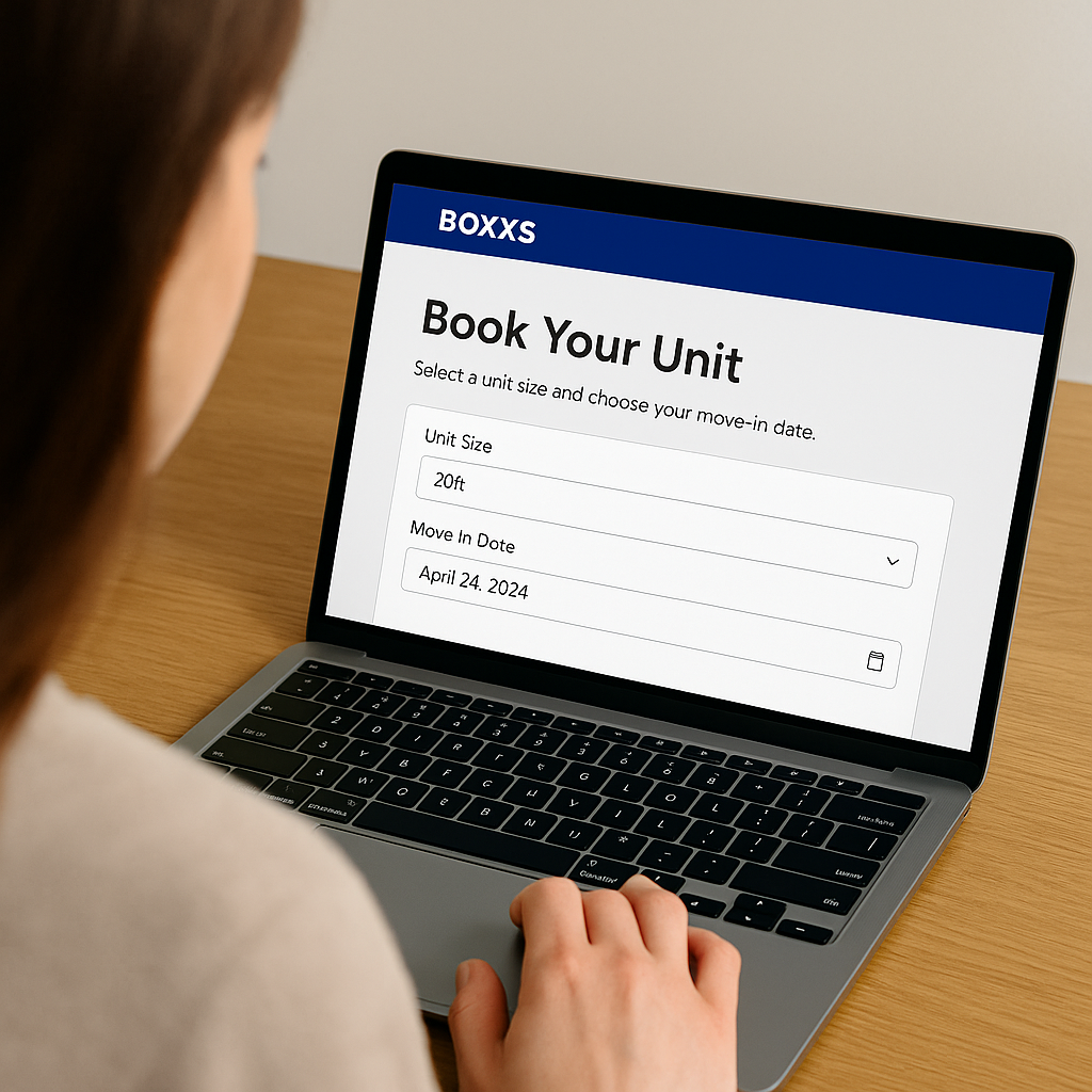 A person using a laptop to book a Boxxs Self Storage unit online