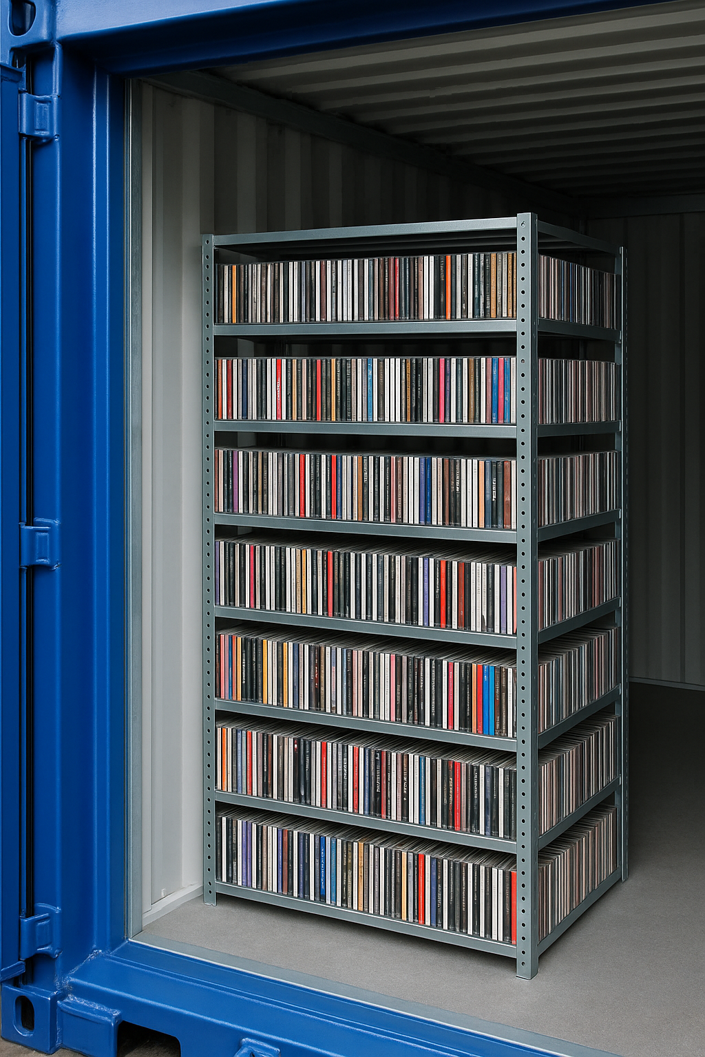 A neatly organised collection of CDs stored on a five-tier metal shelving unit inside a secure blue storage container.