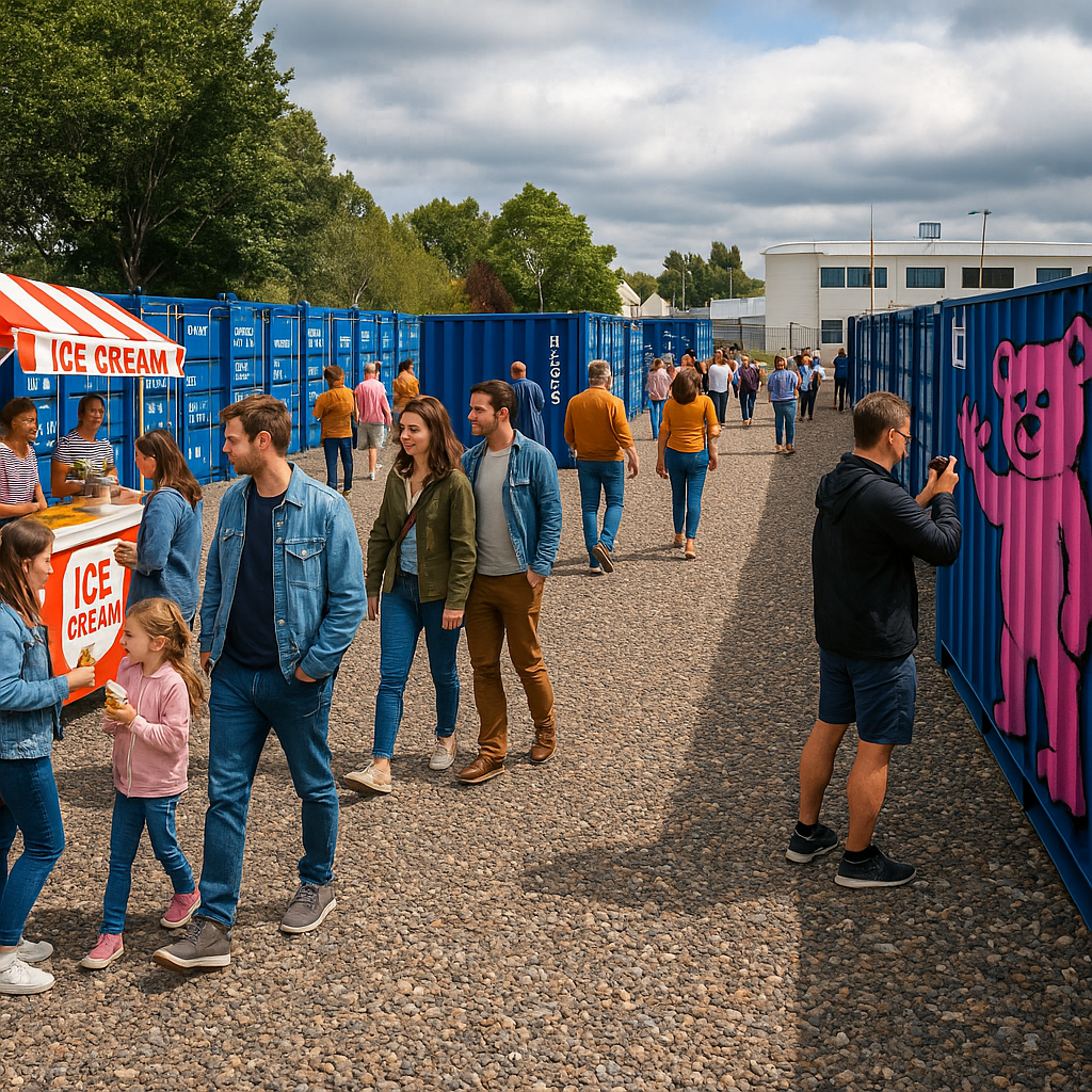 Artist’s impression of visitors exploring BOXXS Self Storage Linlithgow yard on event day: families walking between blue containers painted with Rebel Bear murals, an ice-cream stand with people queuing, and a flat, gravel pathway through the site