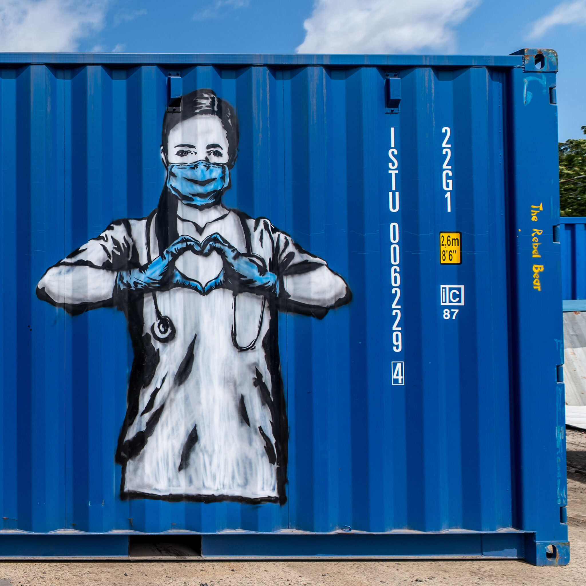 The Rebel Bear Front Line artwork at BOXXS Self Storage in Linlithgow - street art mural tribute to NHS workers and frontline heroes