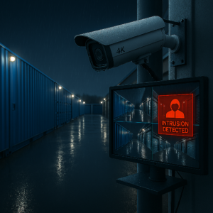 4K security camera monitoring Boxxs Self Storage drive-up units in Linlithgow at night