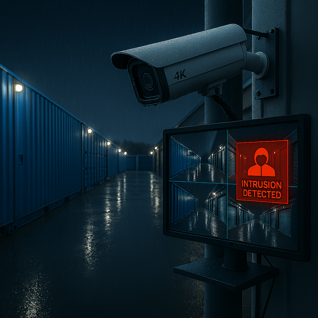 4K security camera monitoring Boxxs Self Storage drive-up units in Linlithgow at night