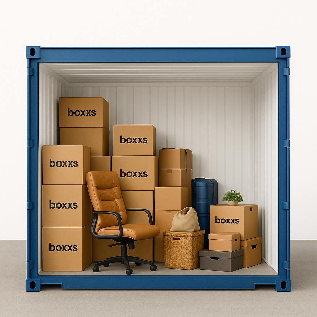 Cutaway of Boxxs Linlithgow’s 8 ft × 8 ft drive-up container showing neatly arranged storage boxes to illustrate its full 63 sq ft capacity