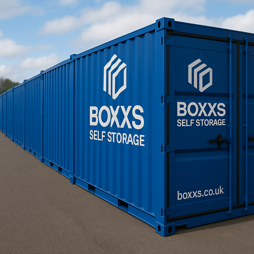 A row of blue Boxxs Self Storage drive-up shipping container units in Linlithgow, West Lothian