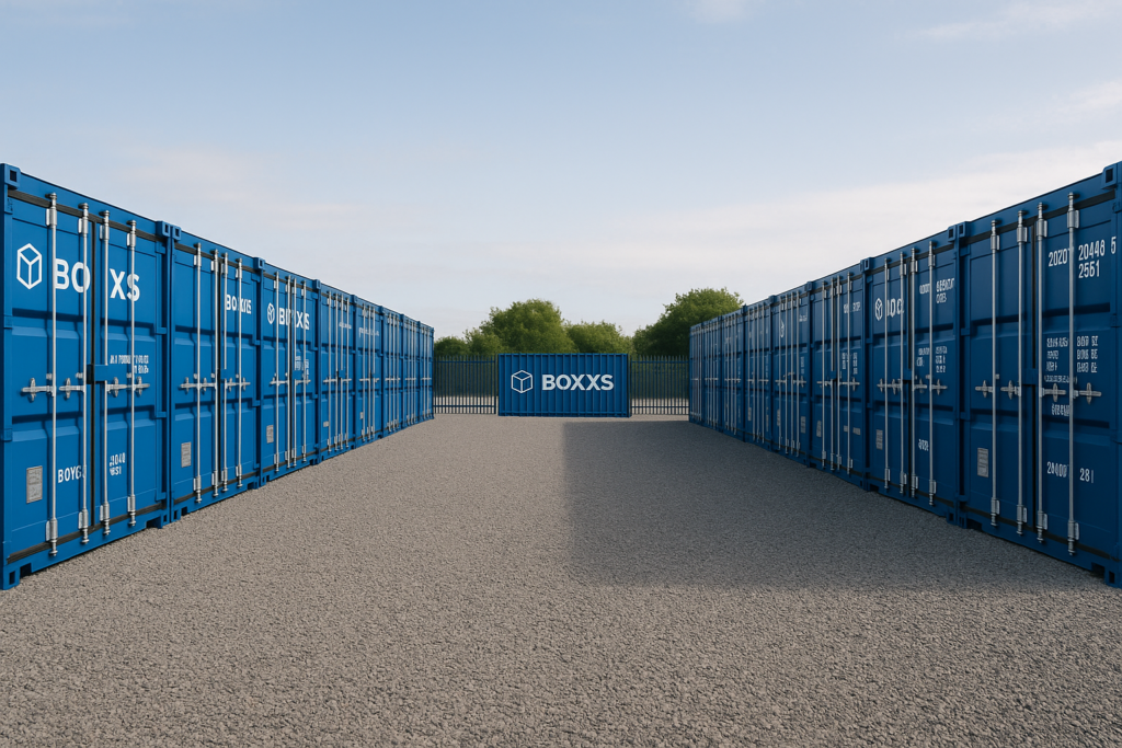 Modern self-storage facility near Bo’ness with neatly arranged blue Boxxs shipping containers on a secure yard