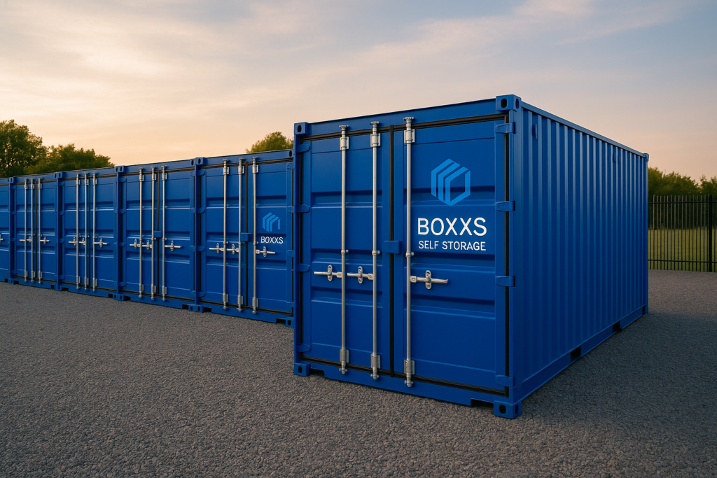 Secure blue Boxxs Self Storage containers on a gravel yard at Linlithgow facility near Bo’ness