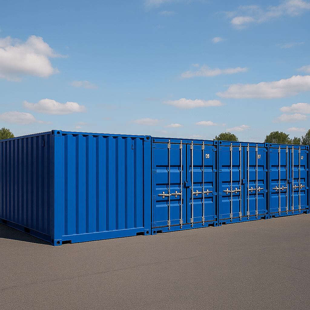 Blue shipping containers at Boxxs Self Storage facility near Falkirk, ideal for house movers needing secure, local storage.