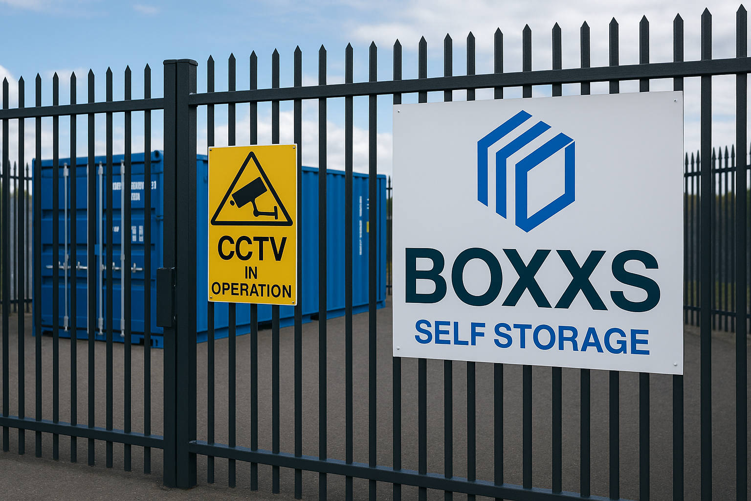 Gated entrance to Boxxs Self Storage near Grangemouth, featuring CCTV signage and blue storage container.