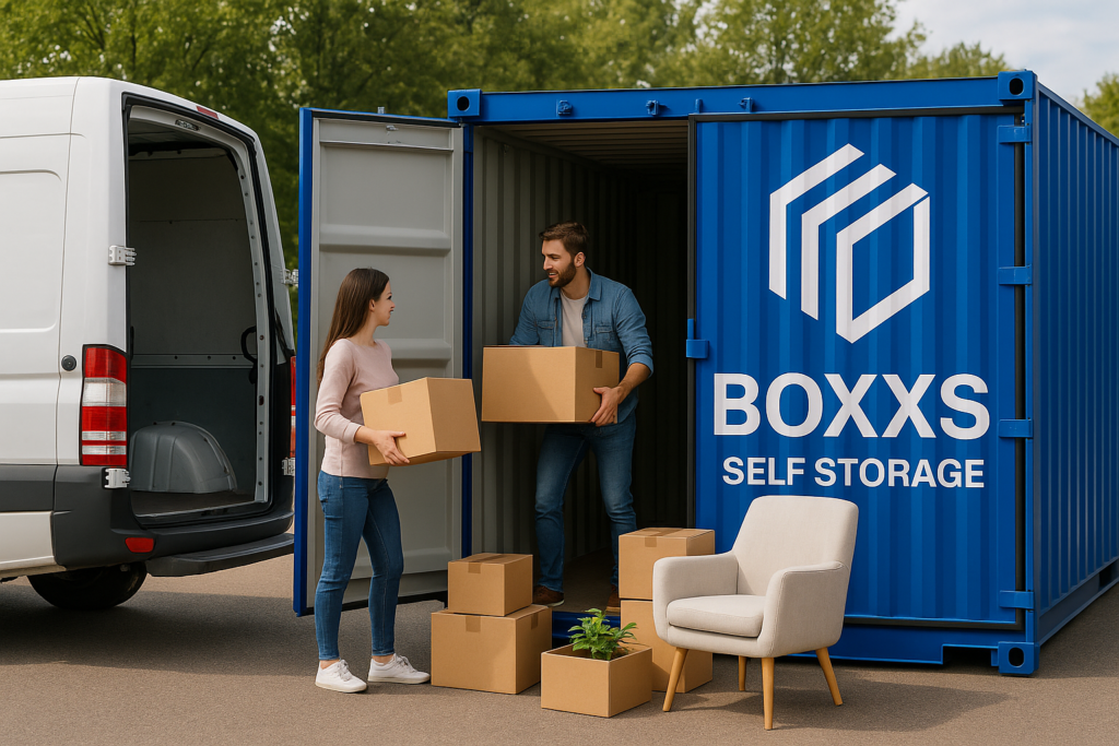 Two people loading moving boxes into an open BOXXS Self Storage container beside a van in Linlithgow, near Bo’ness.