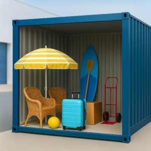 Shipping container storage unit with summer items including beach umbrella, chairs, surfboard, suitcase, and dolly
