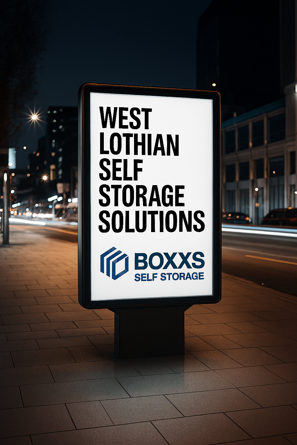 Illuminated street‑side billboard at night reading “WEST LOTHIAN SELF STORAGE SOLUTIONS” with the Boxxs Self Storage logo below.