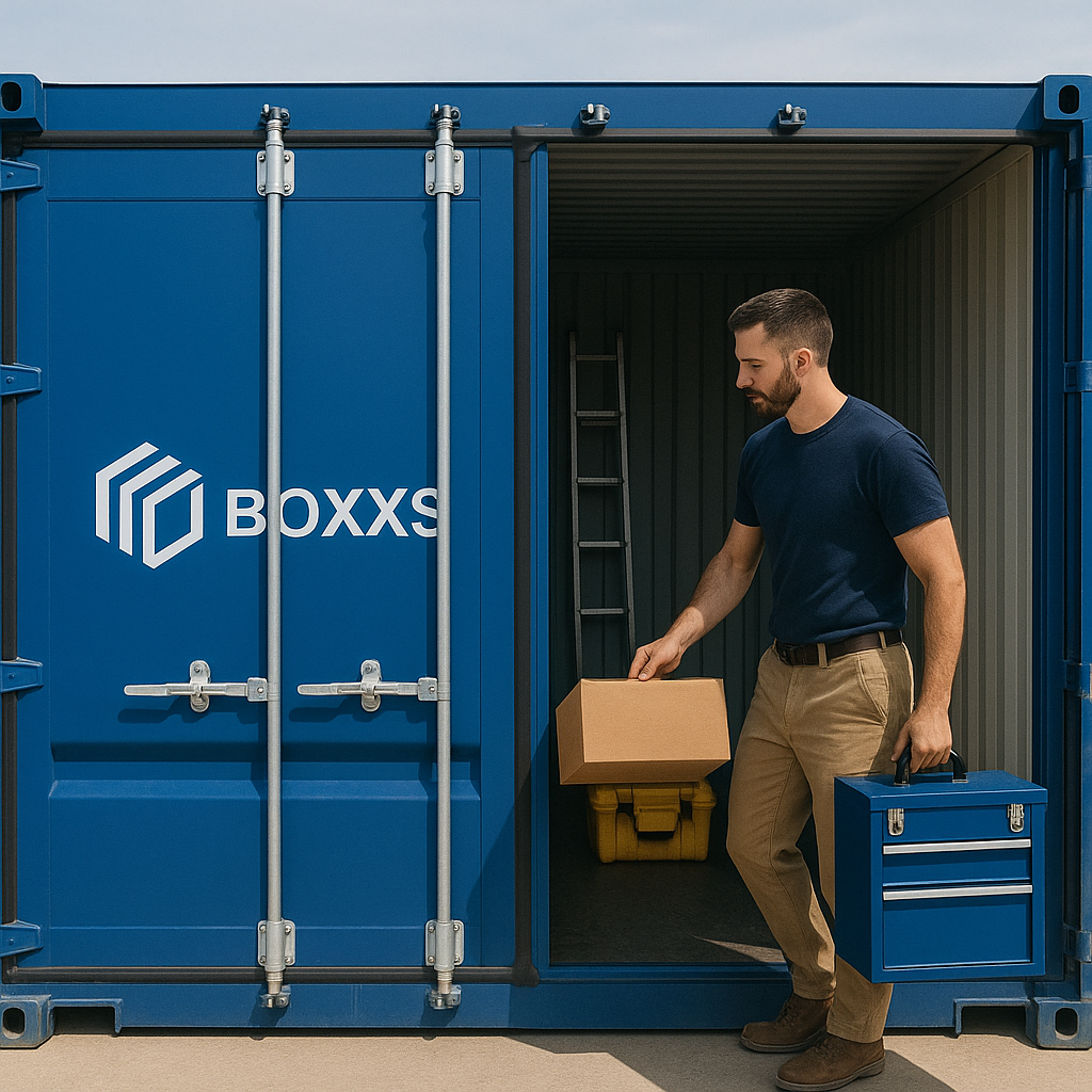 Small business owner storing equipment in a blue Boxxs container near Bo’ness.