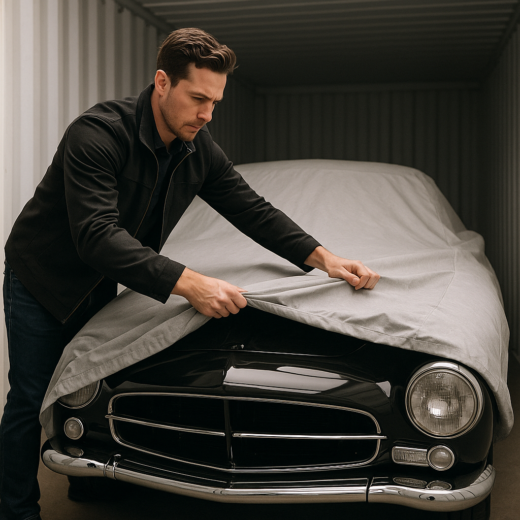 Man placing breathable cover on a classic black car inside a clean storage container at Boxxs Self Storage near Bo’ness.