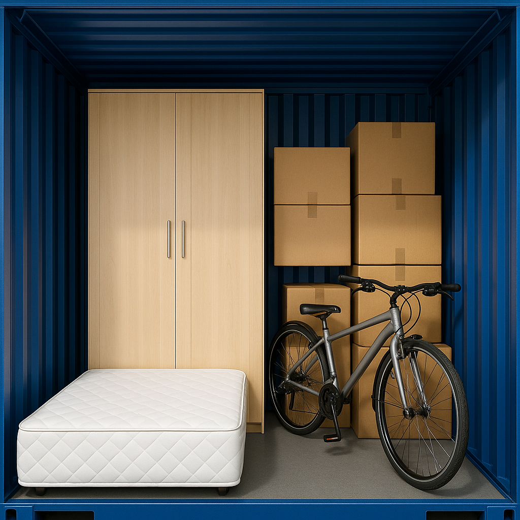 self-storage container neatly packed with a mattress, wardrobe, bike, and boxes.