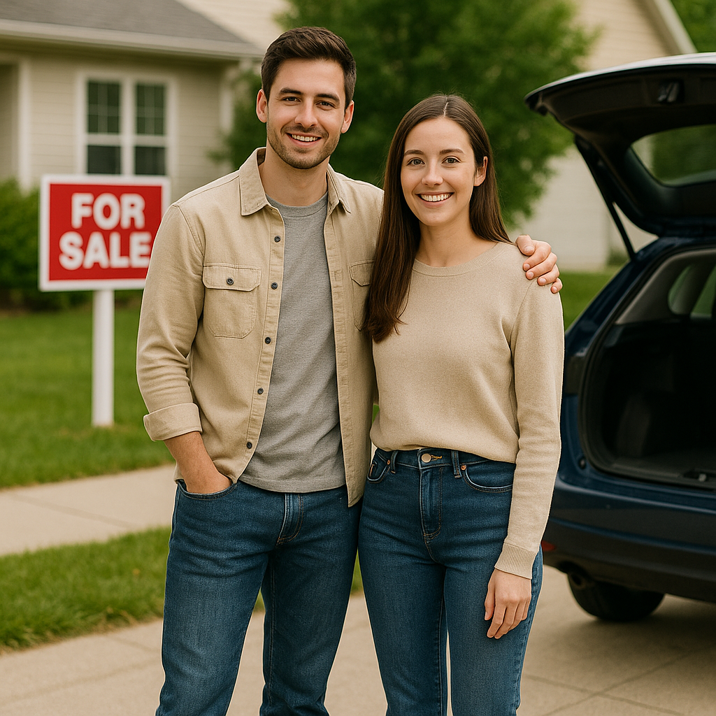 Young couple standing outside their home after decluttering, with a "For Sale" sign and car trunk open, illustrating how self storage helps with home staging in Bo’ness.