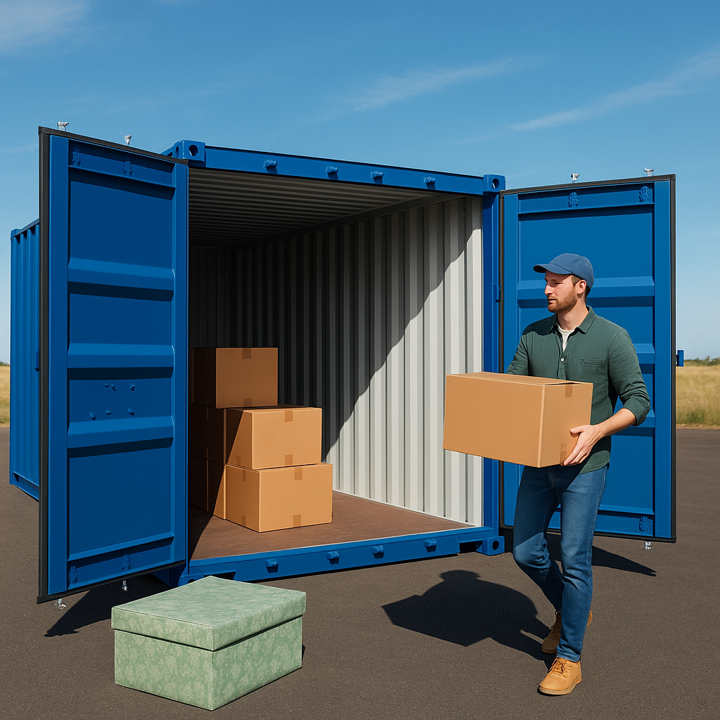 Person placing boxes into a metal drive-up storage container