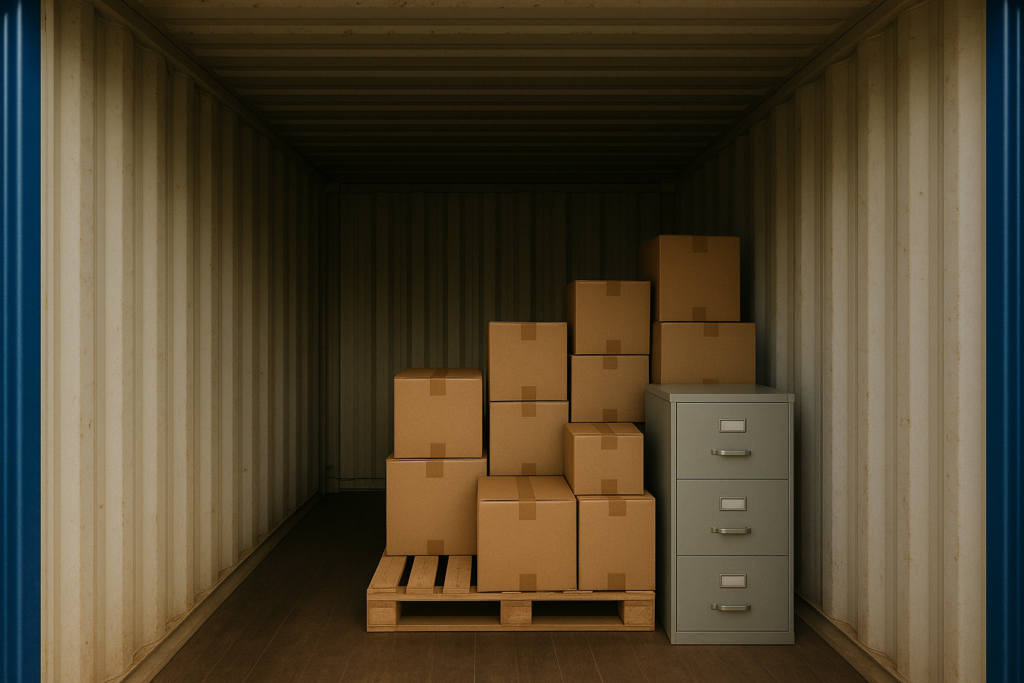 Inside view of a clean drive-up container storage unit with boxes and filing cabinet at Boxxs near Bo’ness