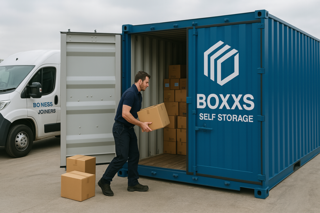 Tradesperson unloading boxes into a BOXXS Self Storage container in Linlithgow near Bo’ness