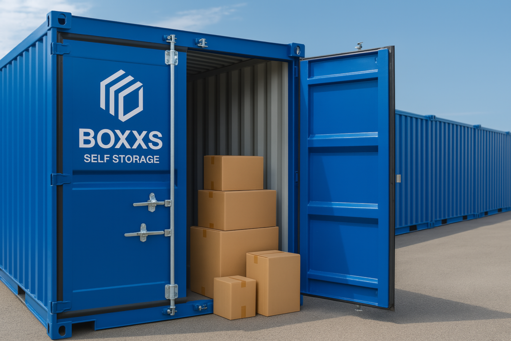 Drive-up self storage container with open door and cardboard boxes at Boxxs Self Storage Linlithgow, near Bo’ness, Falkirk, and Grangemouth