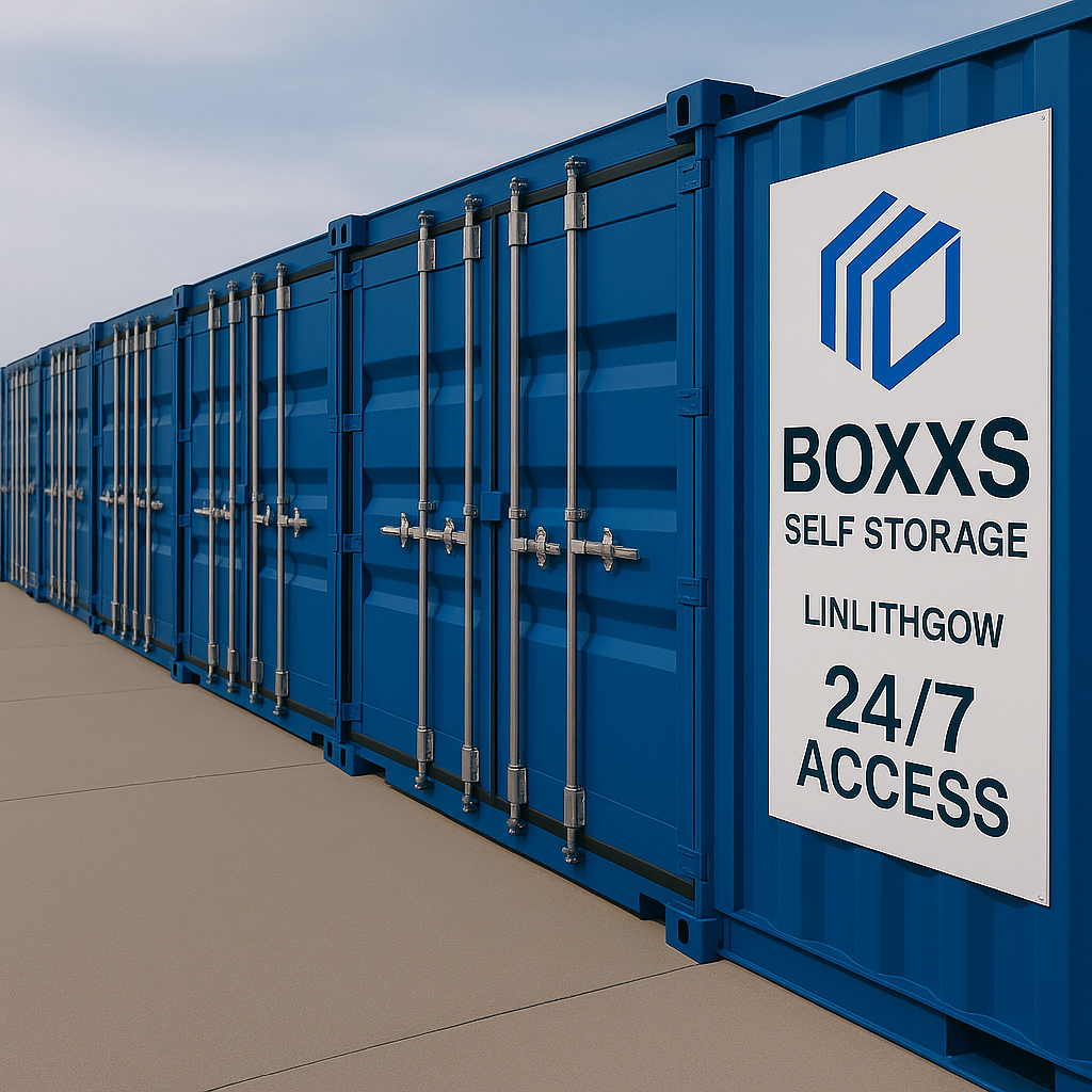Row of secure blue drive-up storage units at Boxxs Self Storage near Falkirk with 24/7 access