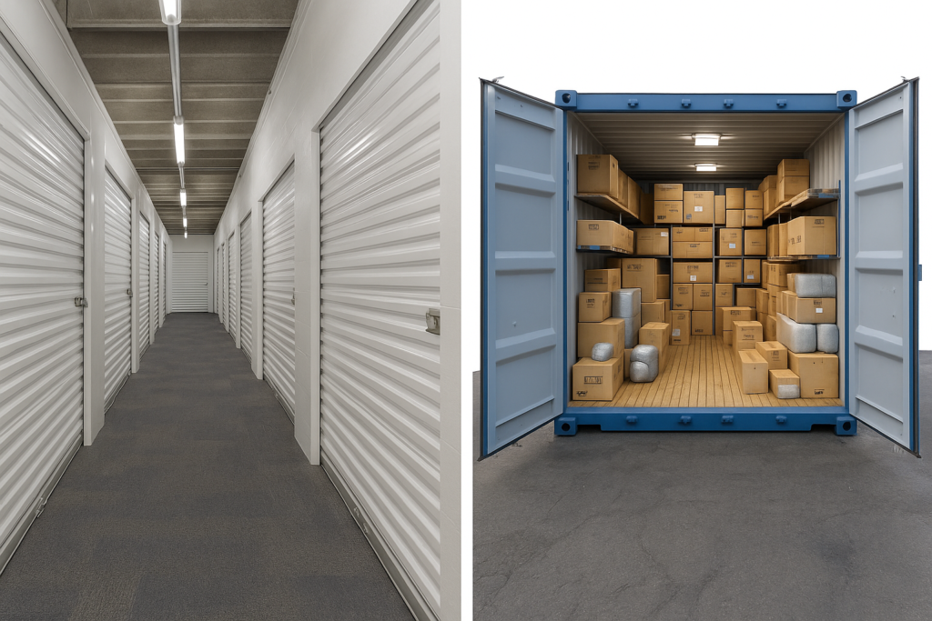 Comparison of indoor storage hallway and open blue drive-up container at Boxxs Self Storage near Bo’ness