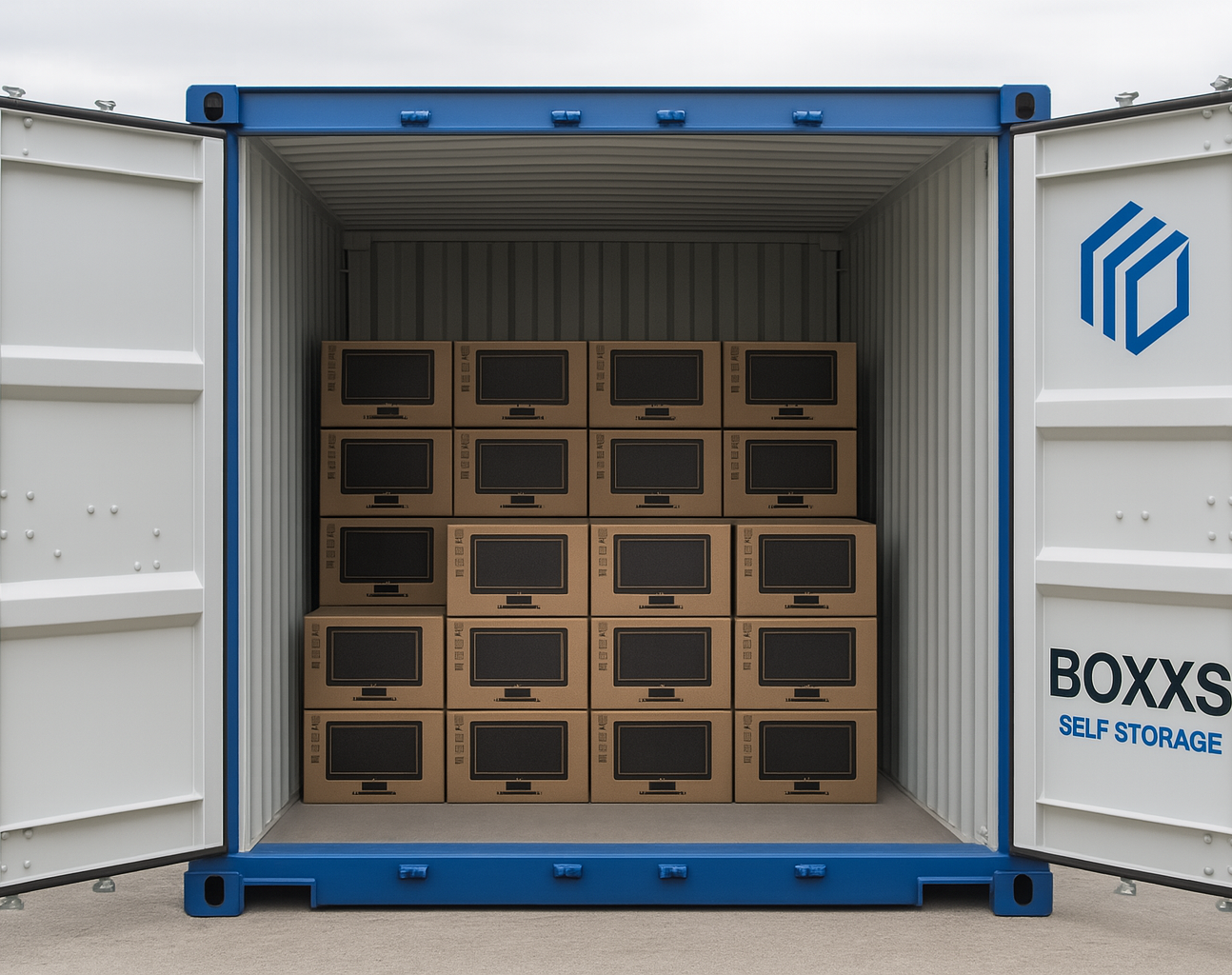 Open 20ft BOXXS storage container with neatly stacked electronics boxes inside, showcasing clean and weatherproof storage near Bo’ness, Falkirk and Grangemouth.