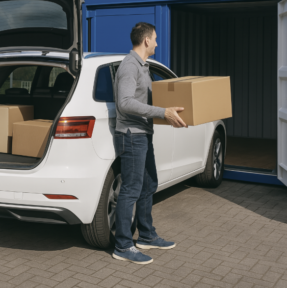 Man unloading cardboard boxes into a RAL 5010 blue drive-up storage container at Boxxs Self Storage near Falkirk